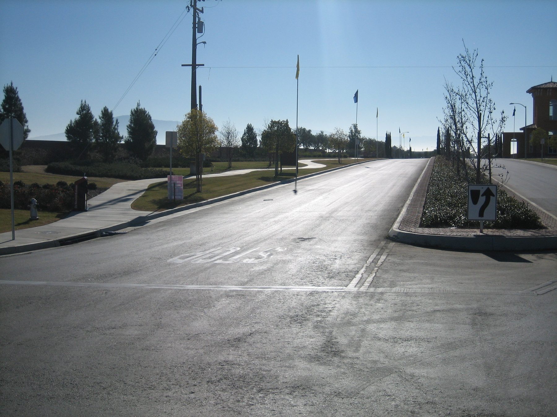 Finished street entrance with STOP pavement marking, sidewalks, and landscaping